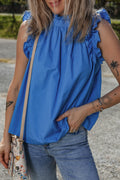 Sky Blue Frilled Neck Ruffle Buttoned Back Sleeveless Top - The Fair Lady Shop