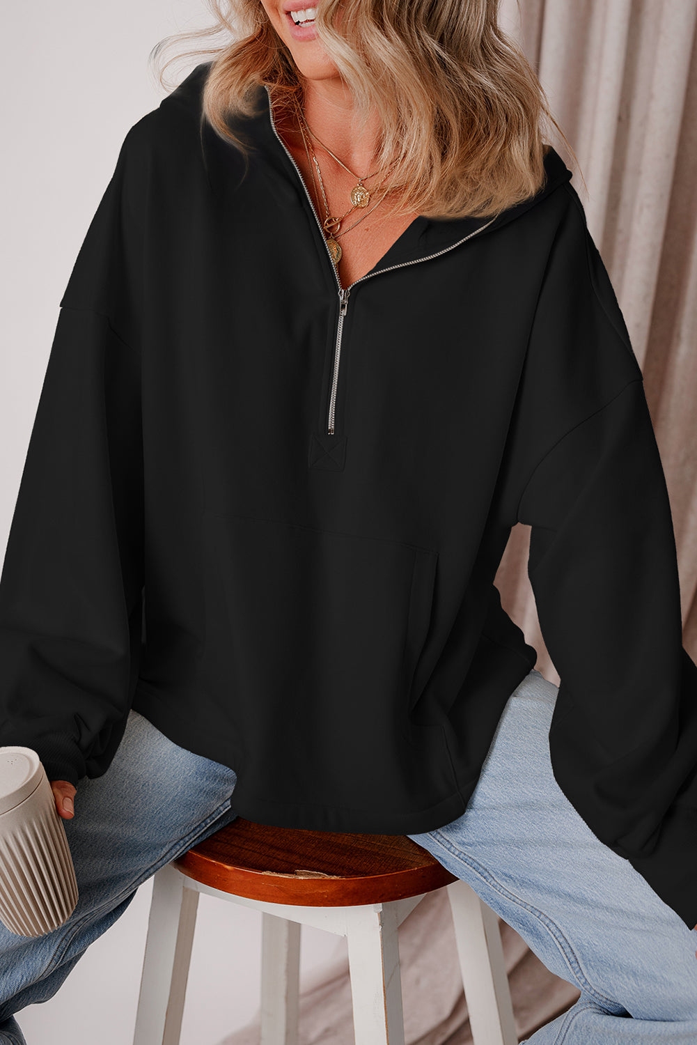 Black Half Zipper Kangaroo Pocket Drop Shoulder Hoodie