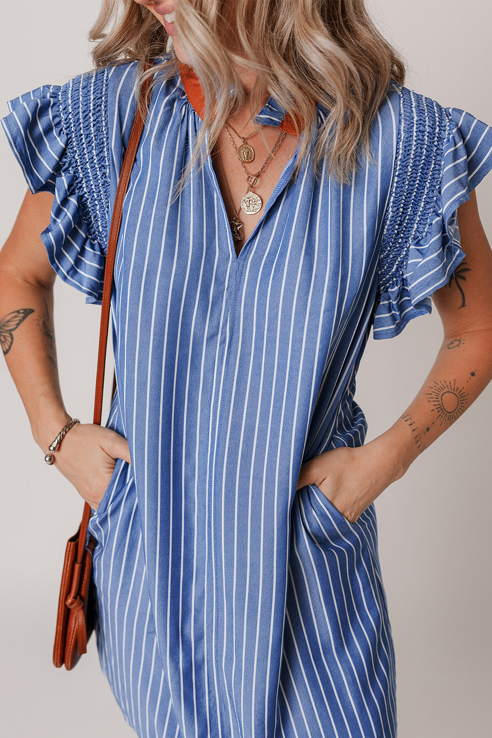 Sky Blue Stripe Frilly Split Neck Shirred Ruffle Sleeve Mini Shift Dress - The Fair Lady Shop