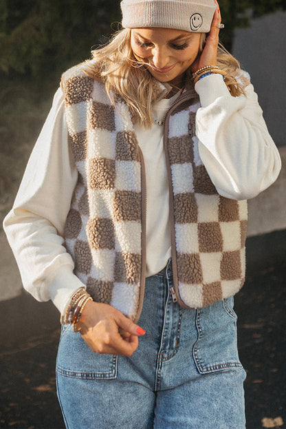 Khaki Checkered Sherpa Collared Jacket Vest - The Fair Lady Shop