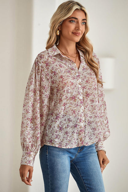 Pink Ditsy Floral Print Bishop Sleeve Collared V Neck Shirt - The Fair Lady Shop