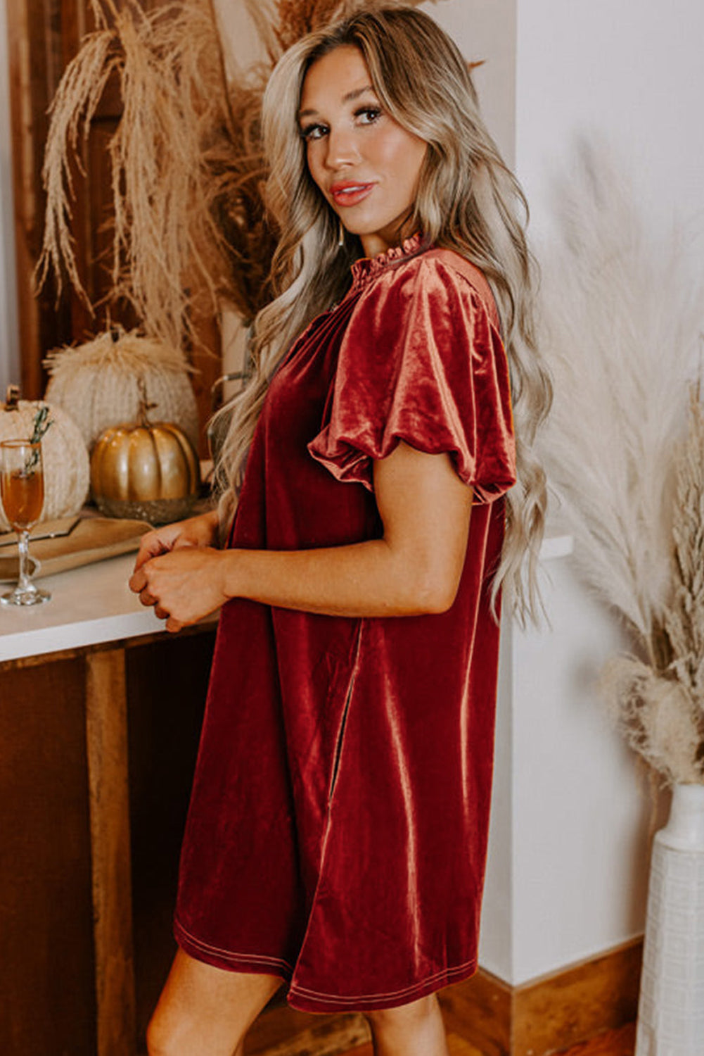 Cinnamon Velvet Smocked Neckline Puff Sleeve Shift Mini Dress - The Fair Lady Shop