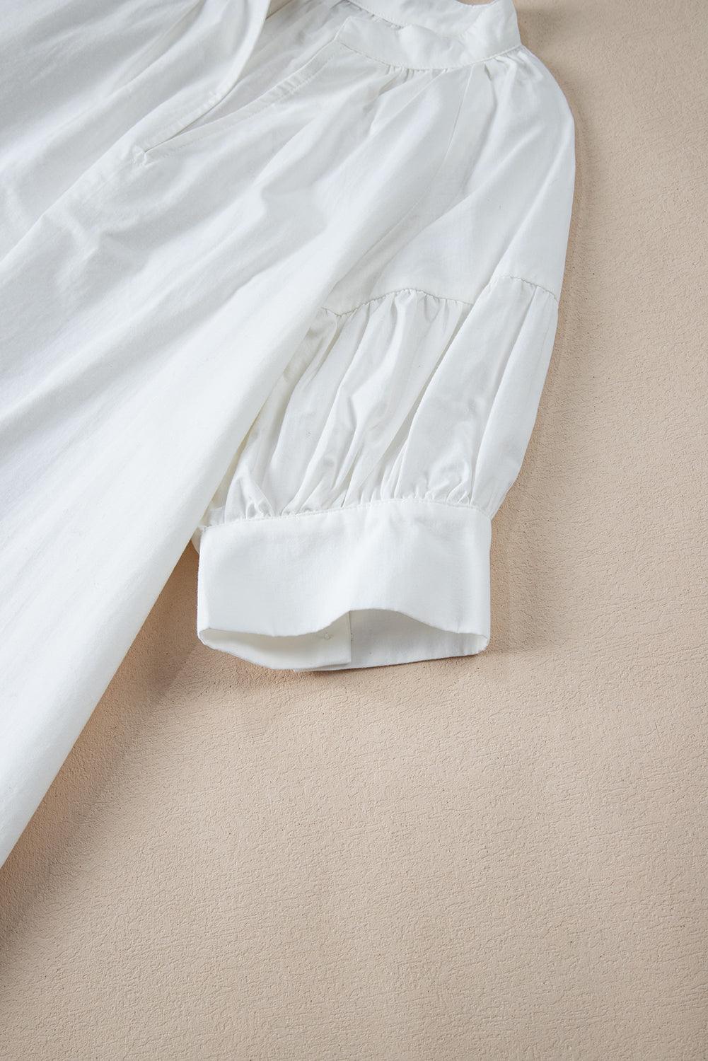 White Solid Color Ruched Bubble Sleeve V Neck Shirt - The Fair Lady Shop