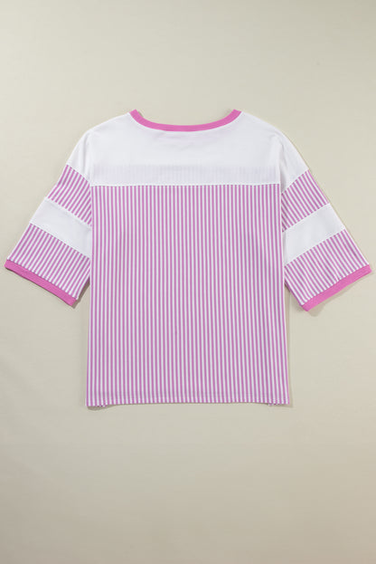 Pink Stripe Patchwork Bracelet Sleeve Plus Size T Shirt - The Fair Lady Shop