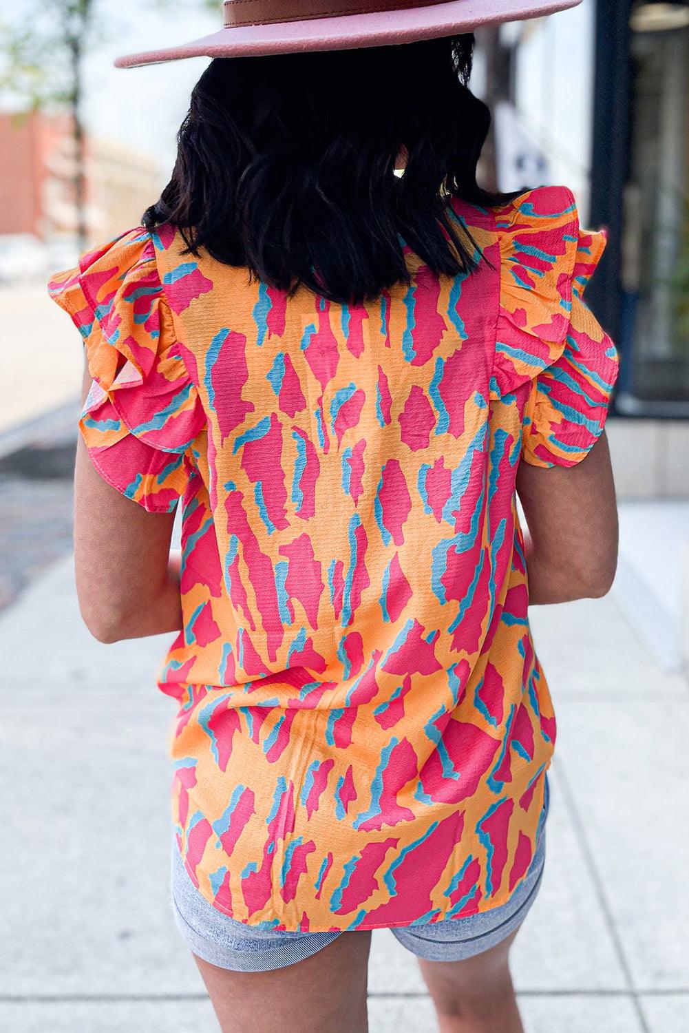 Orange Abstract Print V Neck Ruffled Sleeve Blouse - The Fair Lady Shop