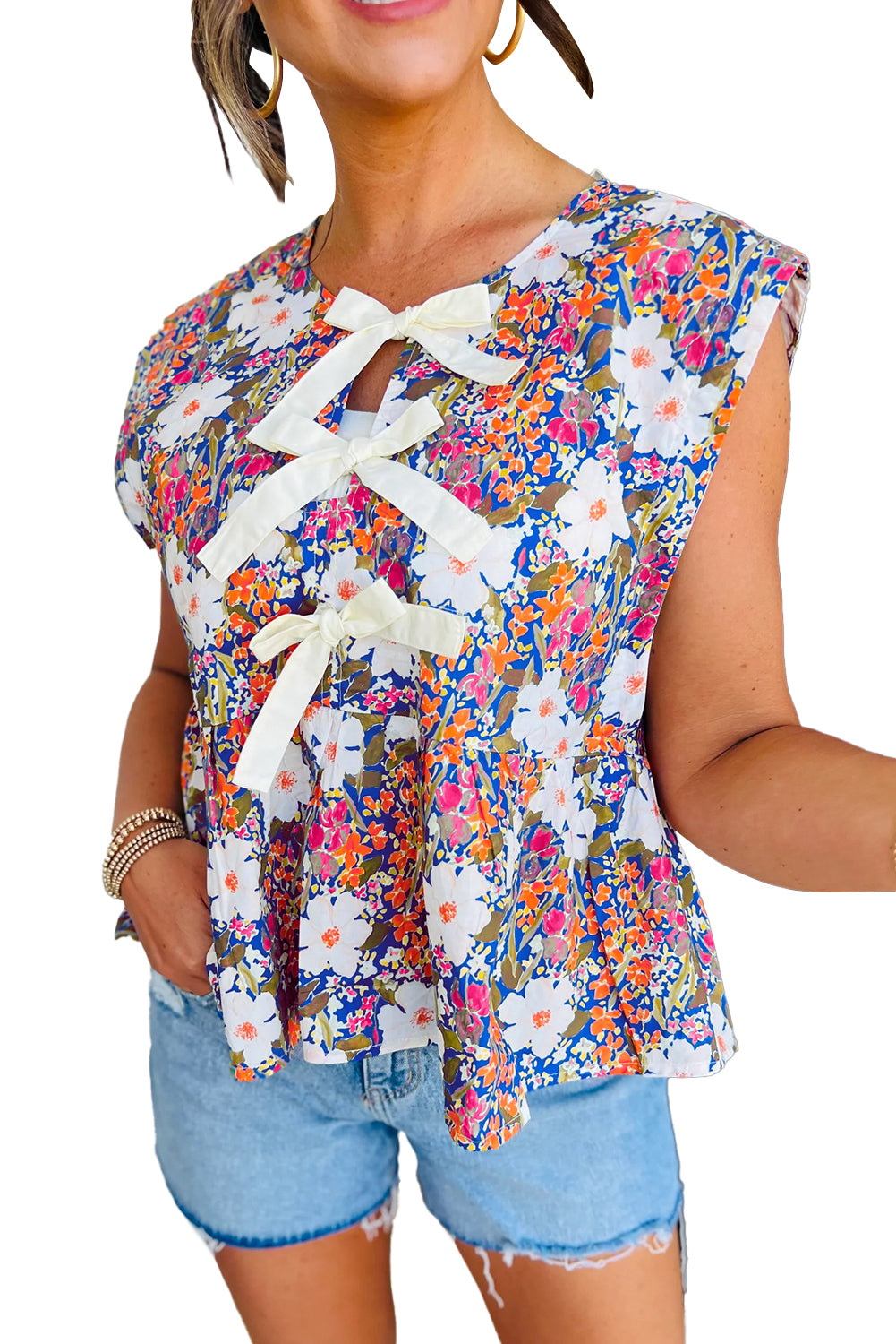 Rose Floral Bow Front Sleeveless Peplum Shirt - The Fair Lady Shop