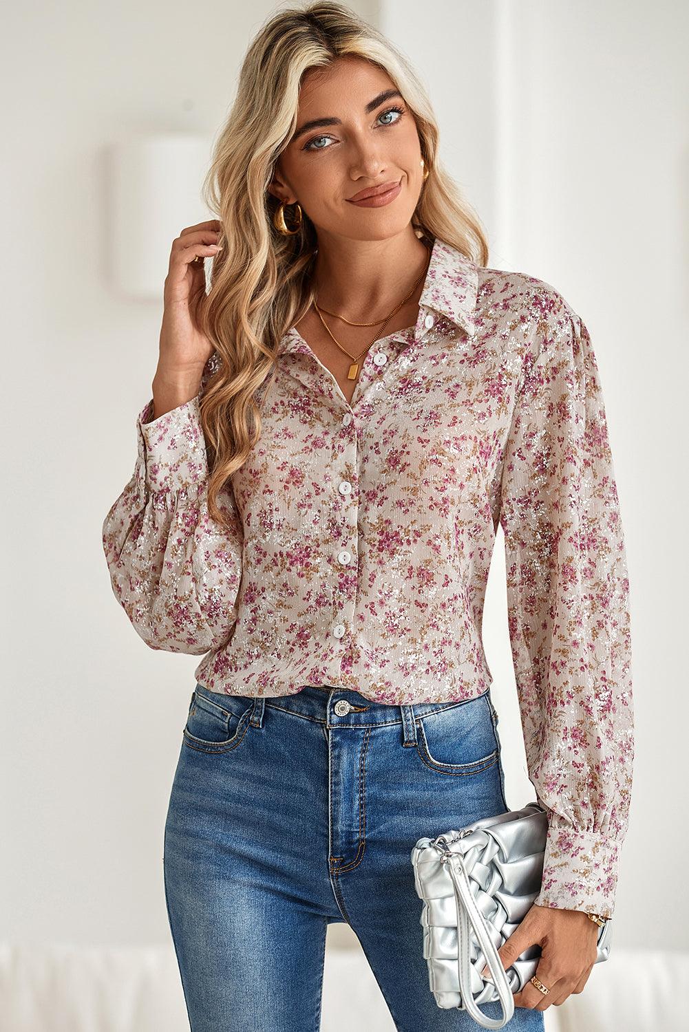 Pink Ditsy Floral Print Bishop Sleeve Collared V Neck Shirt - The Fair Lady Shop