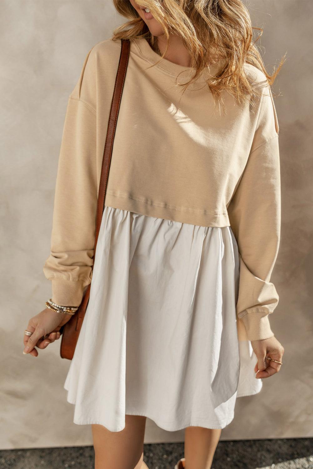 Khaki Sweatshirt Colorblock Flowy Pleated Mini Dress - The Fair Lady Shop
