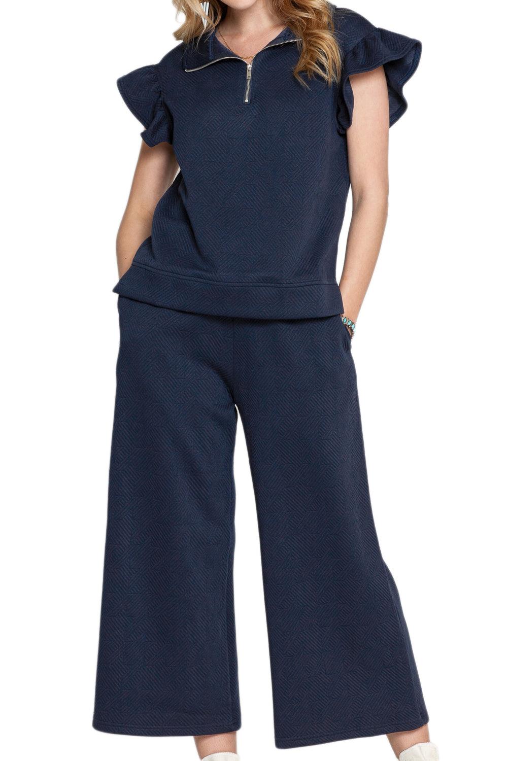 Black Textured Ruffle Cap Sleeve Top and Wide Leg Pants Set - The Fair Lady Shop