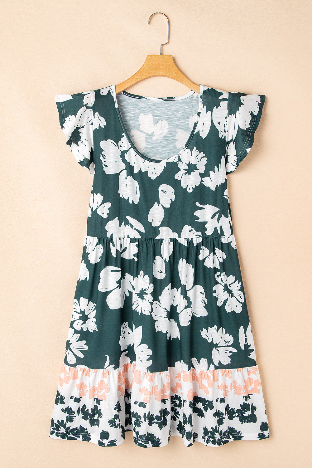 Dark Green Floral Print Ruffle Sleeve Empire Waist Mini Dress - The Fair Lady Shop