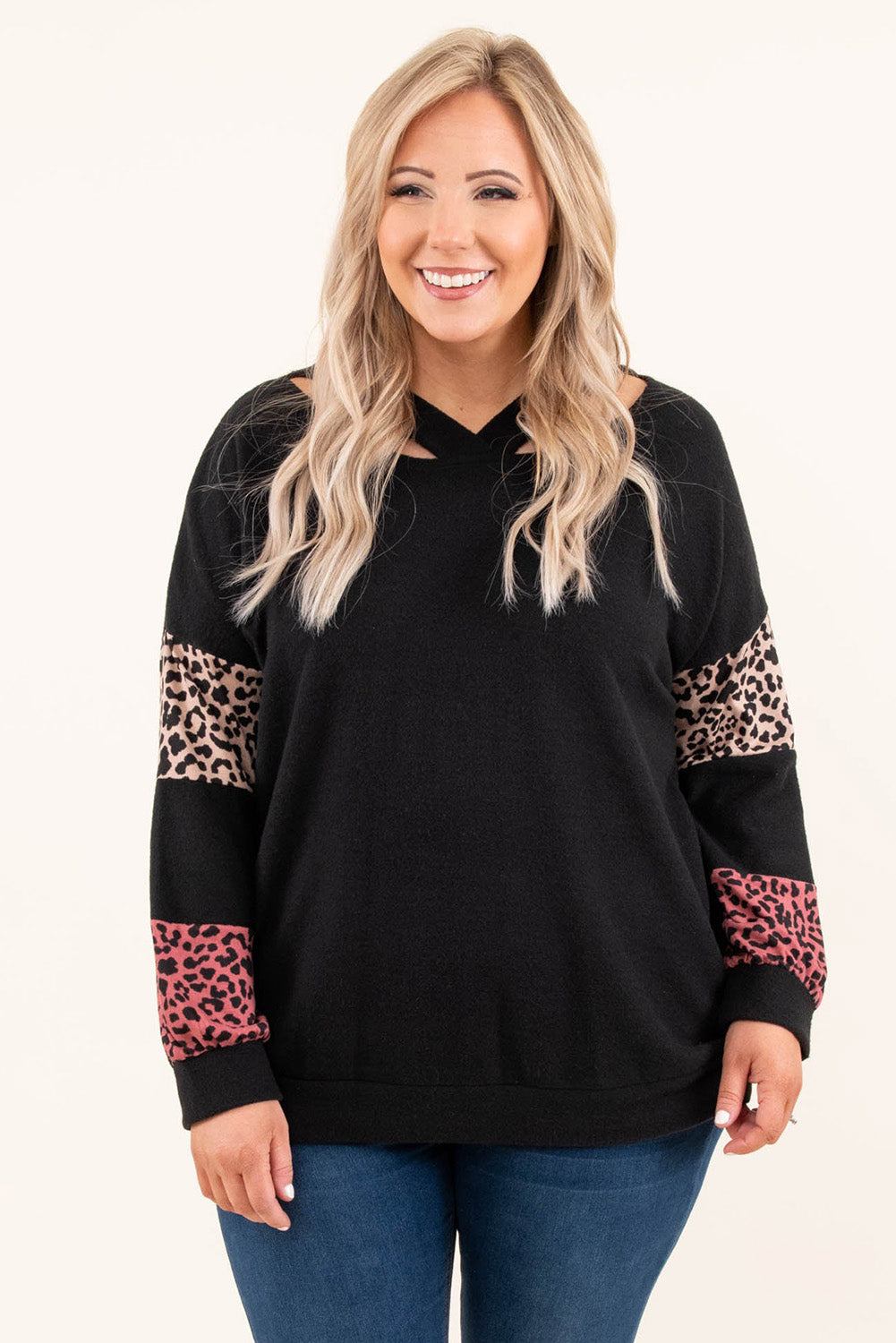 Black Plus Size Leopard Patchwork Strappy Neck Top - The Fair Lady Shop