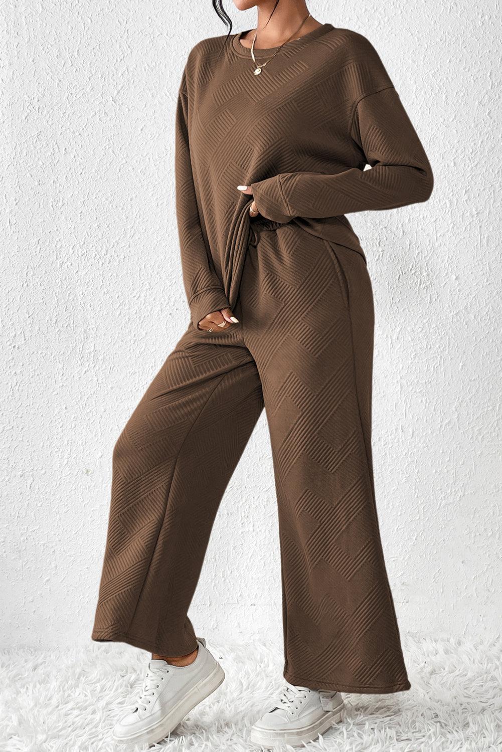 Dark Brown Textured Loose Slouchy Long Sleeve Top and Pants Set - The Fair Lady Shop