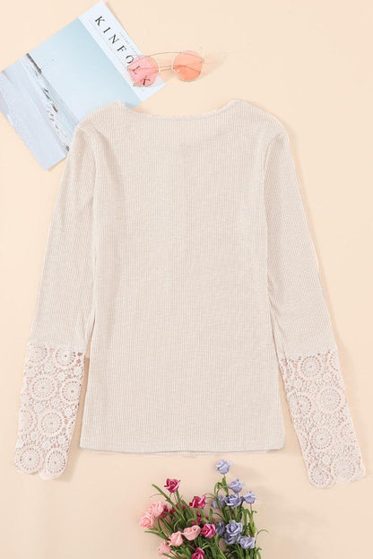 Beige Ribbed Lace Crochet Long Sleeve Henley Shirt for Women - The Fair Lady Shop