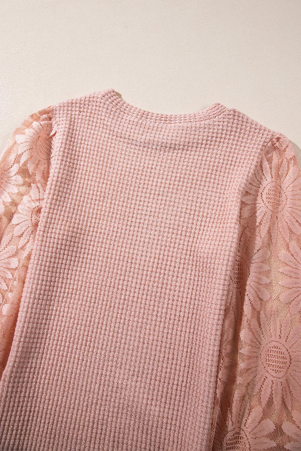 Peach Blossom Sunflower Lace Long Sleeve Waffle Knit Top - The Fair Lady Shop