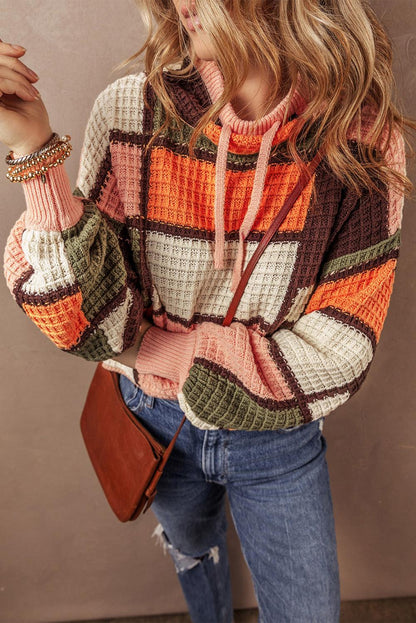 Orange Color Block Waffle Knit Drawstring Mock Neck Sweater - The Fair Lady Shop