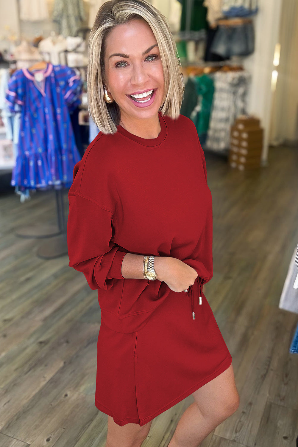 Racing Red Solid Color Drop Shoulder Pullover Drawstring Mini Skirt Set