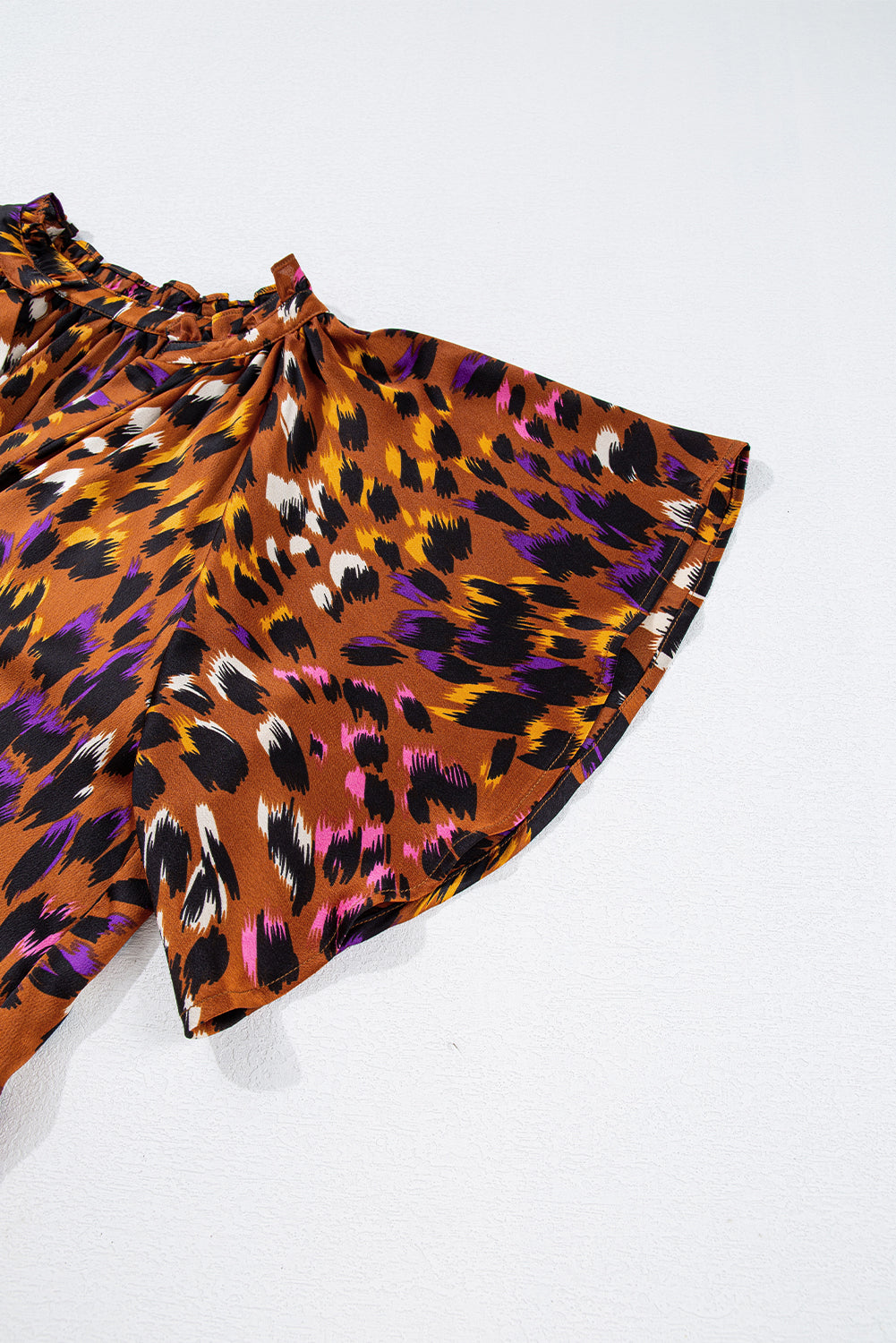 Orange Leopard Printed Short Sleeve Slit V Neck Blouse - The Fair Lady Shop