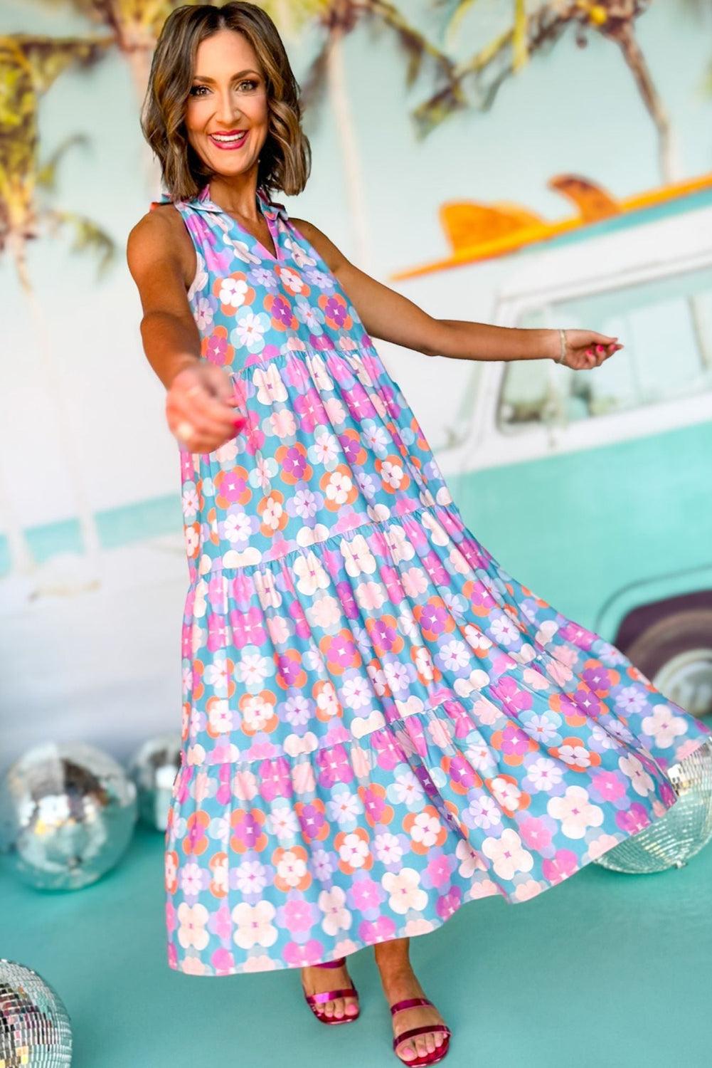 Sky Blue 60s Flower Split Neck Sleeveless Tiered Maxi Dress - The Fair Lady Shop
