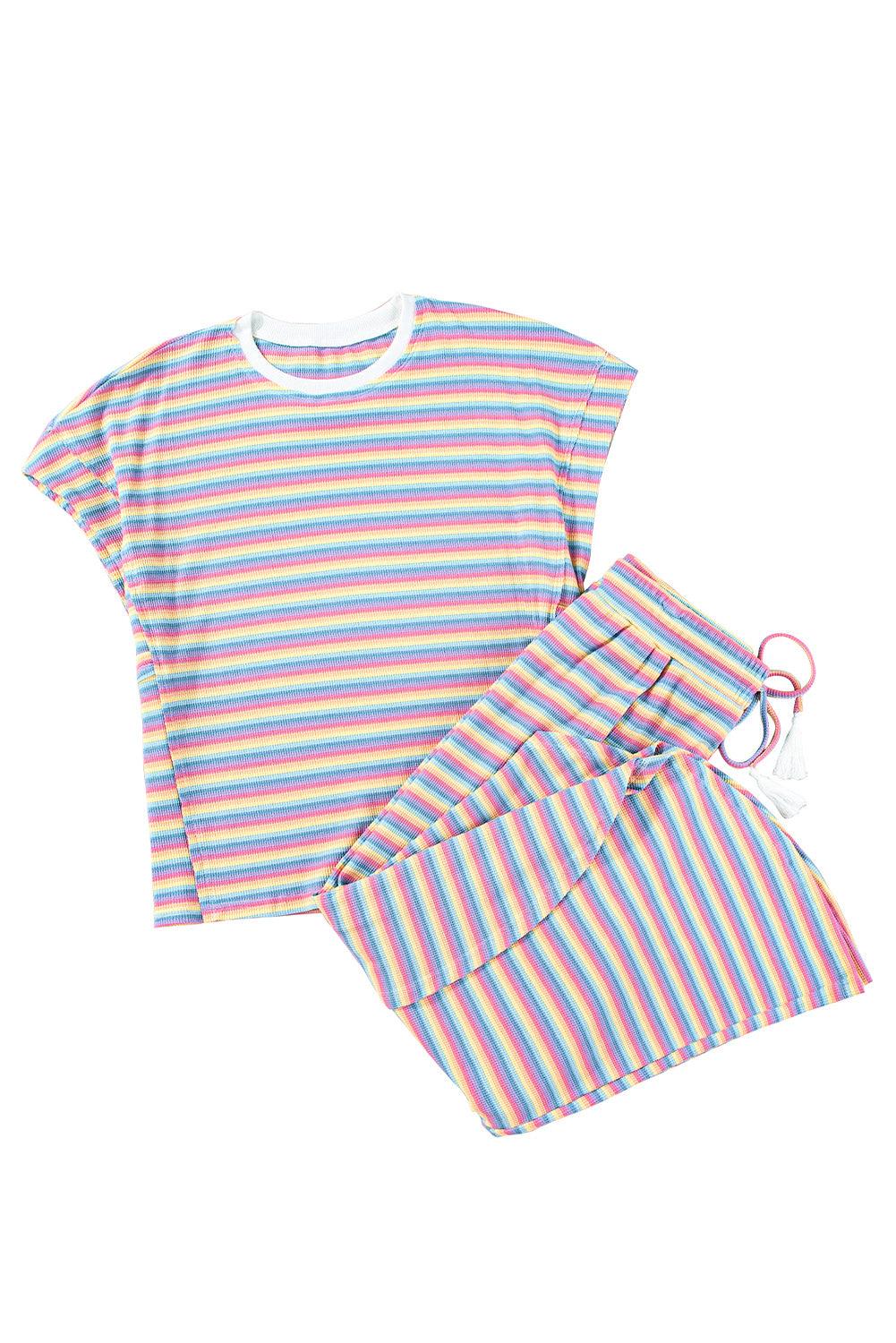 Yellow Stripe Rainbow Tee and Tassel Drawstring Wide Leg Pants Set - The Fair Lady Shop