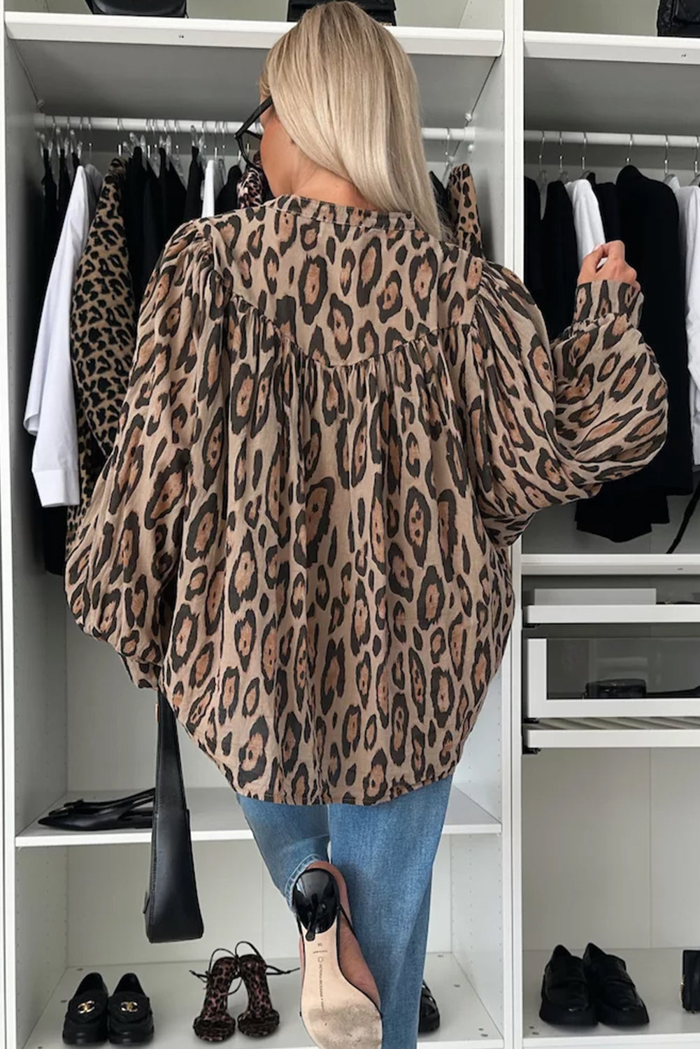 Light French Beige Leopard Print Balloon Sleeve Loose Blouse - The Fair Lady Shop