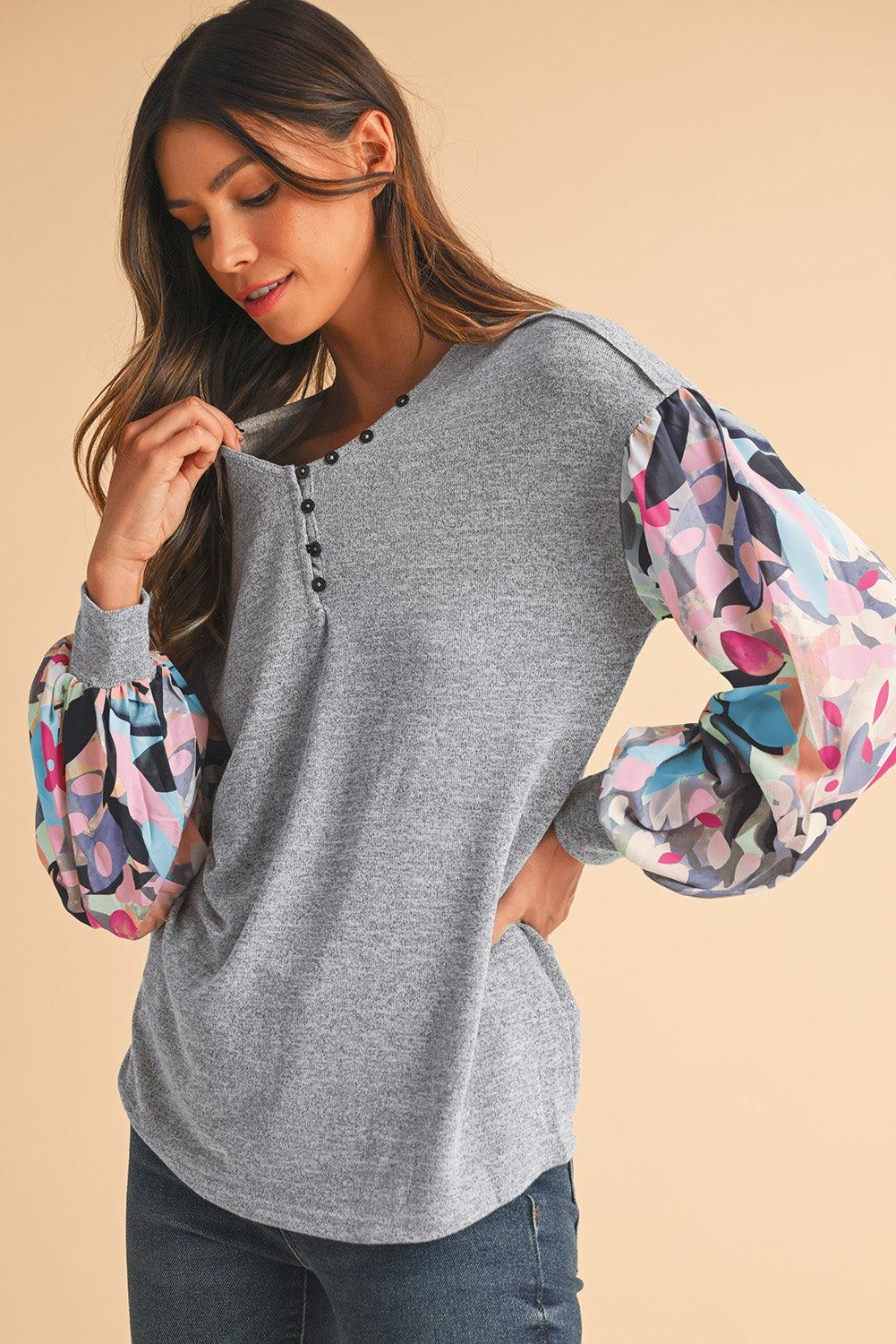 Gray Floral Splicing Lantern Sleeve Buttoned V Neck Top - The Fair Lady Shop