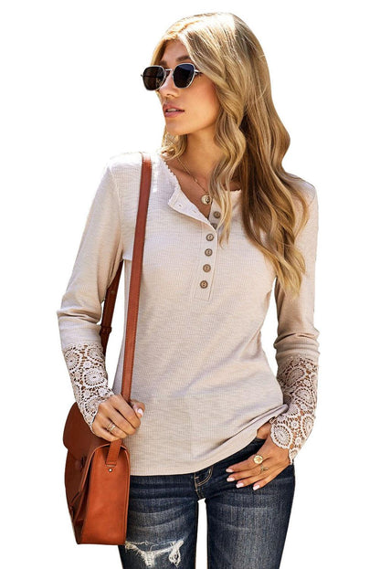 Beige Ribbed Lace Crochet Long Sleeve Henley Shirt for Women - The Fair Lady Shop