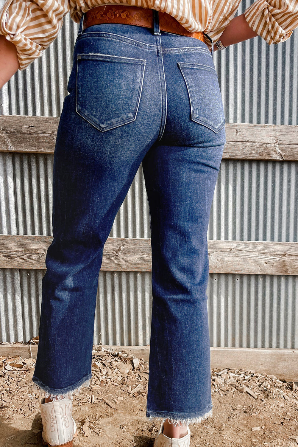 Sail Blue Mineral Wash Raw Hem High Waist Flared Jeans - The Fair Lady Shop