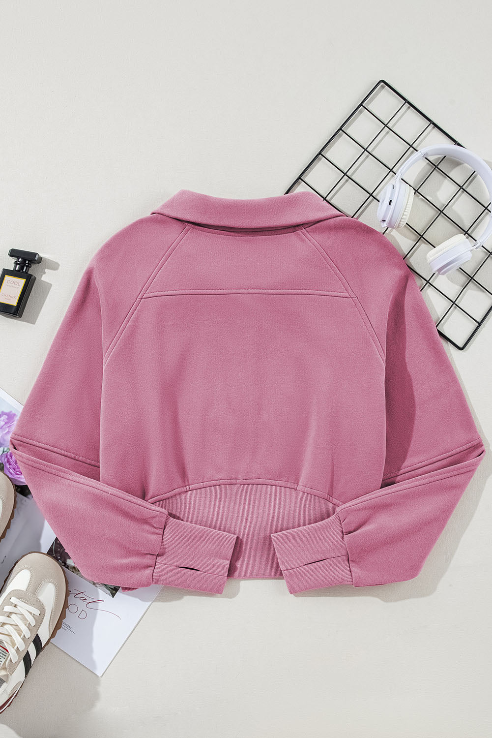 Phalaenopsis Zip Up Stand Collar Ribbed Thumbhole Sleeve Sweatshirt - The Fair Lady Shop