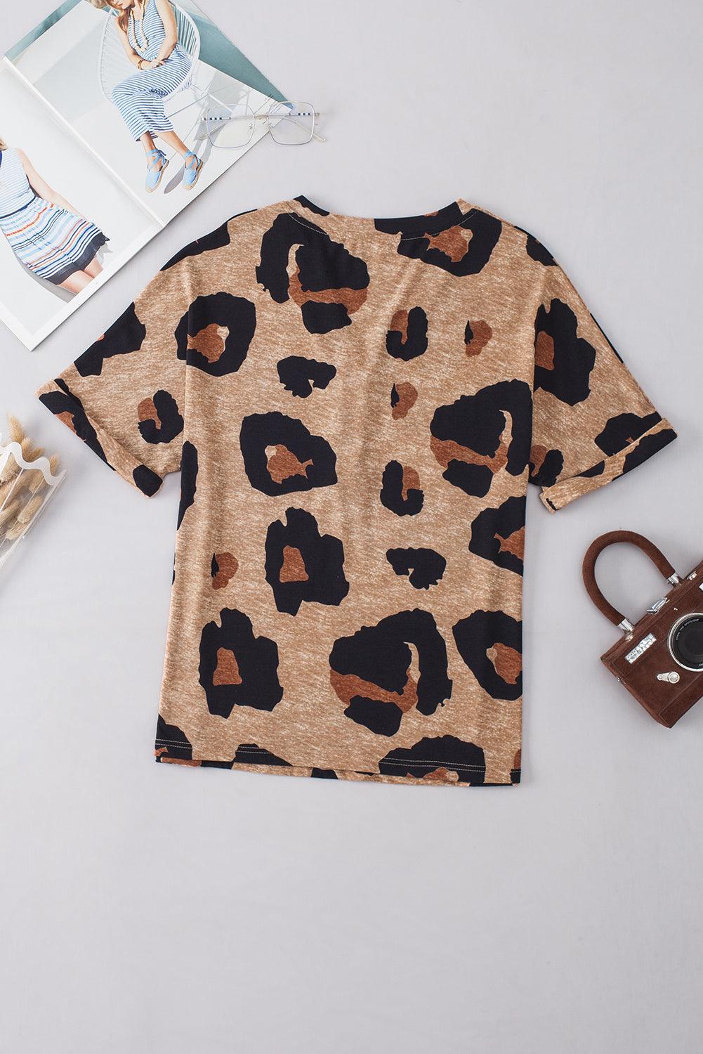 Light Beige Leopard Print Button V Neck T Shirt - The Fair Lady Shop