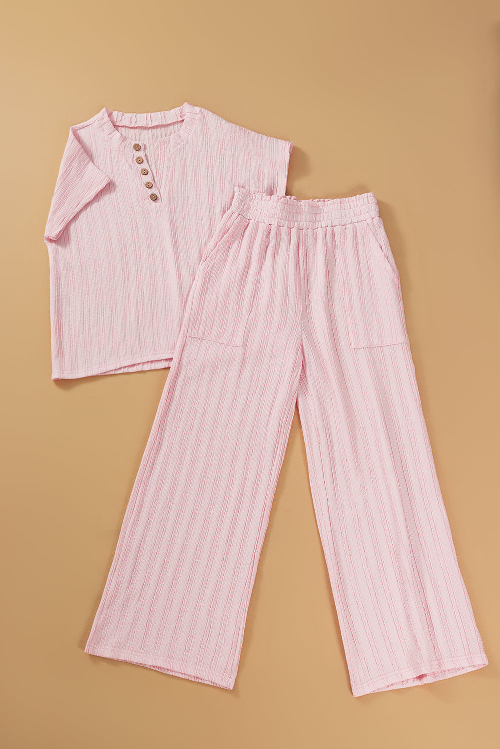 Light Pink Textured Short Sleeve Henley Top and Pocketed Wide Leg Pants