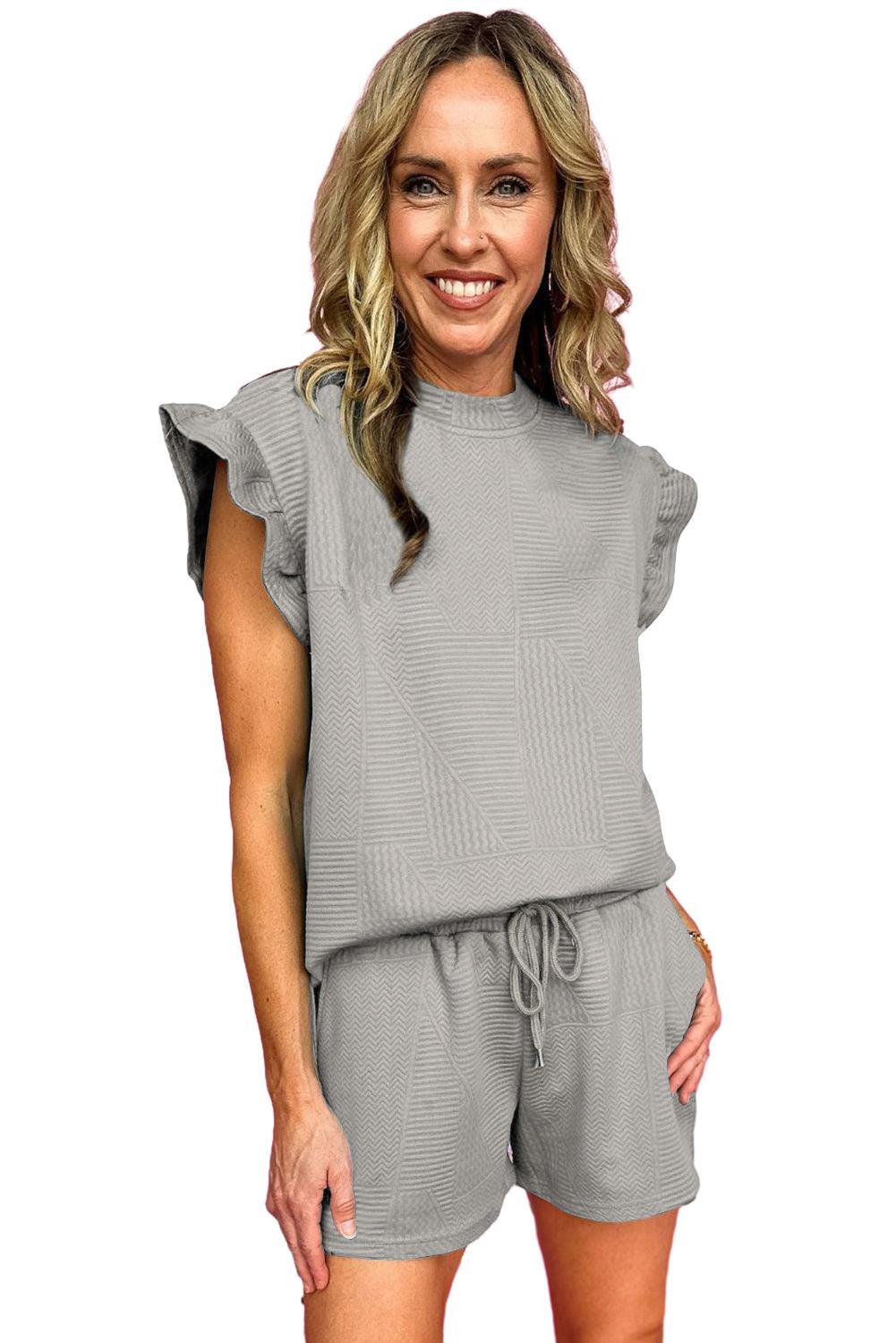 Dark Green Textured Ruffle Split Top and Drawstring Shorts Set - The Fair Lady Shop