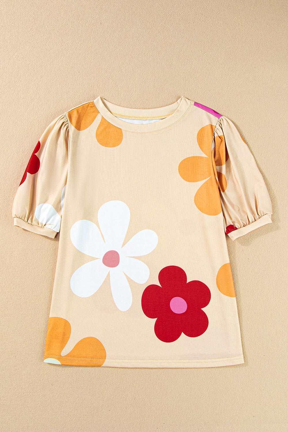 Apricot Colorful Flower Print Bubble Sleeve Tee - The Fair Lady Shop