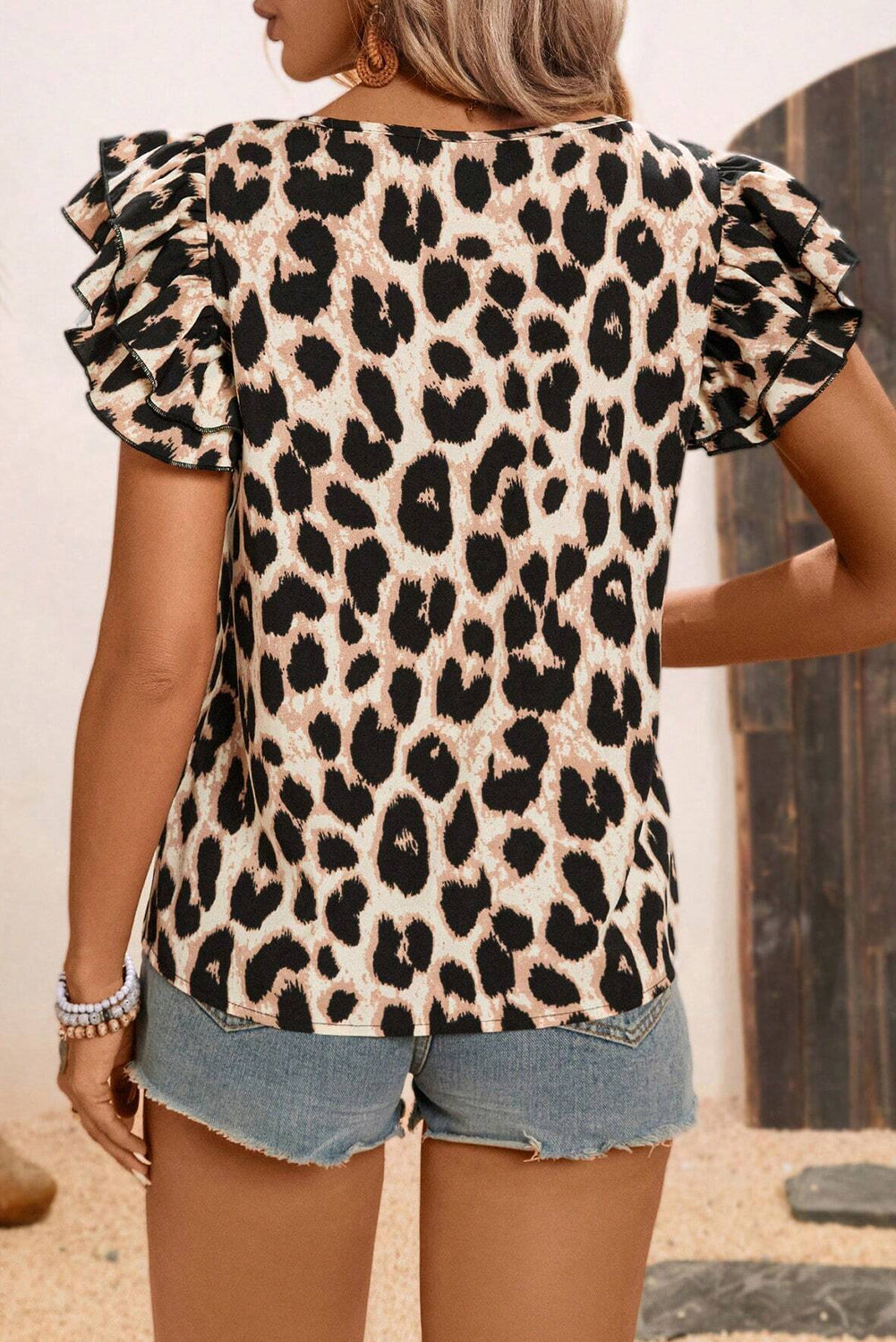 Khaki Leopard Print Layered Ruffle Sleeve Blouse - The Fair Lady Shop