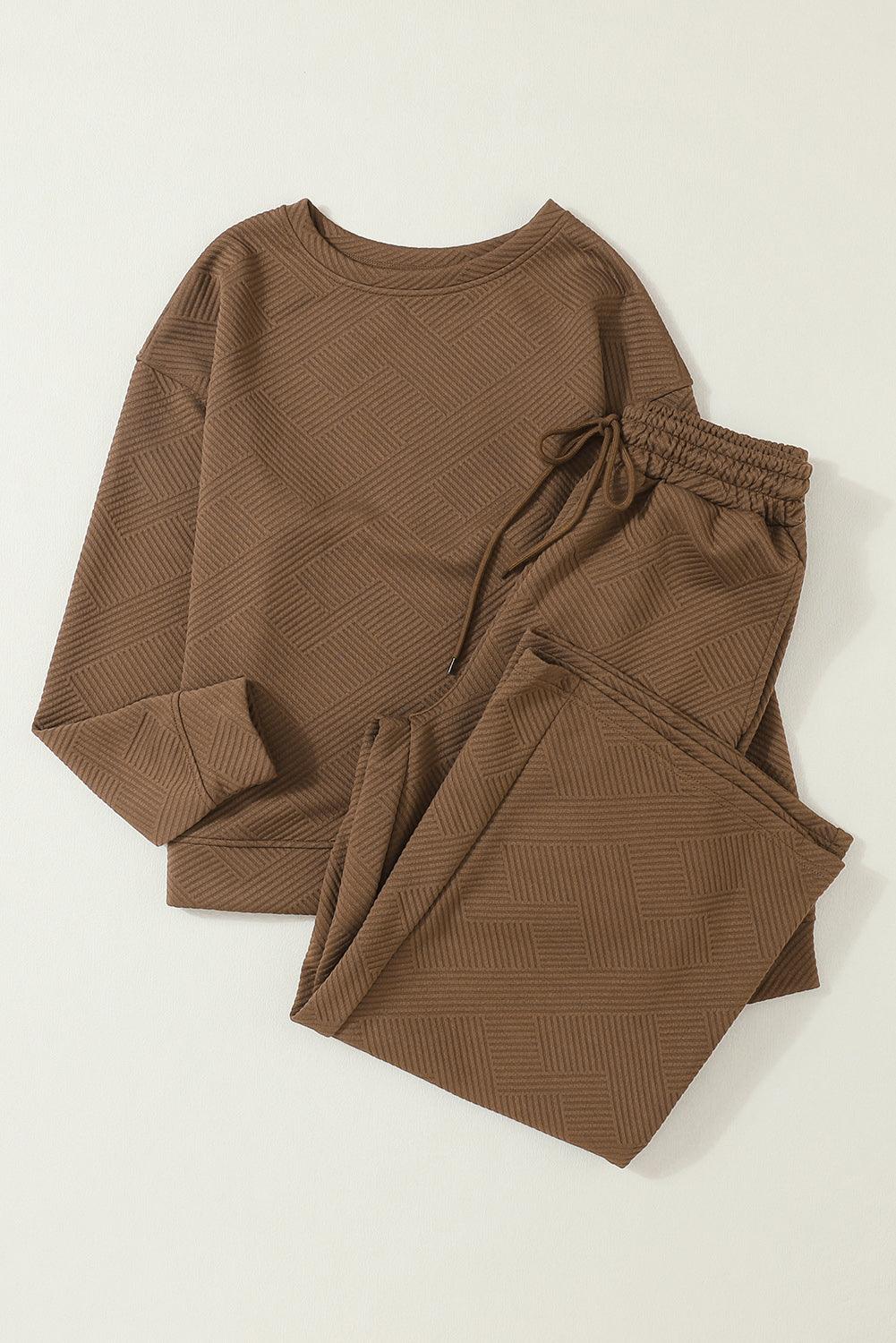 Dark Brown Textured Loose Slouchy Long Sleeve Top and Pants Set - The Fair Lady Shop