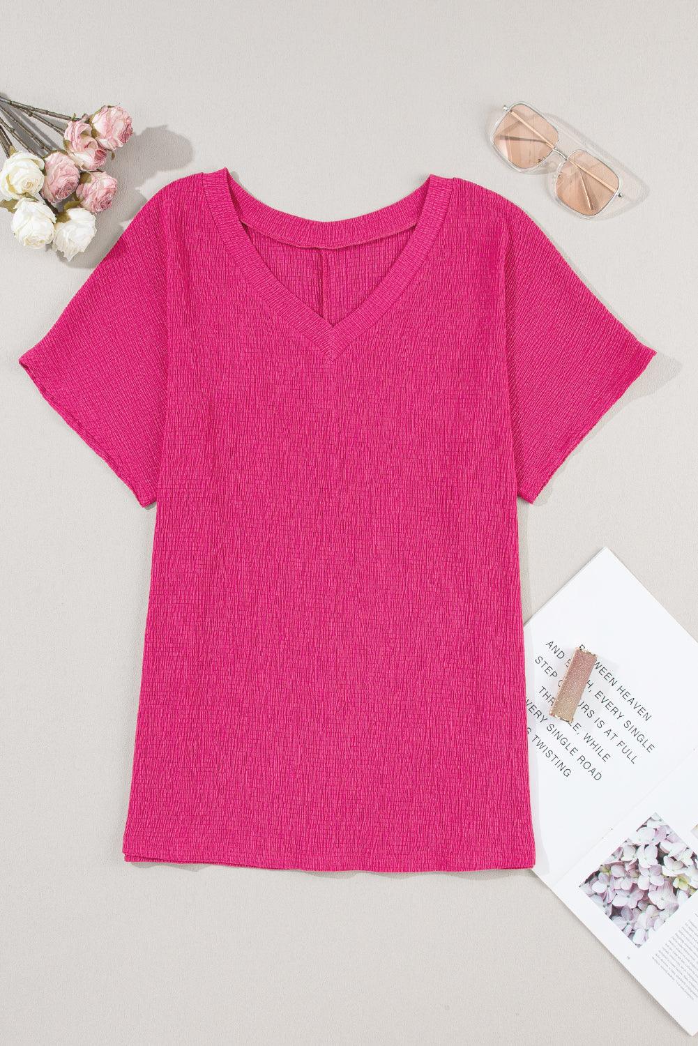 Blue Plain Crinkled V Neck Flounce Sleeve T Shirt - The Fair Lady Shop