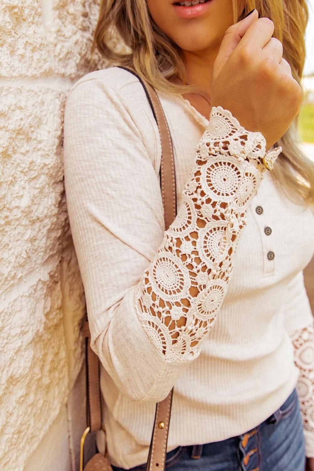 Beige Ribbed Lace Crochet Long Sleeve Henley Shirt for Women - The Fair Lady Shop