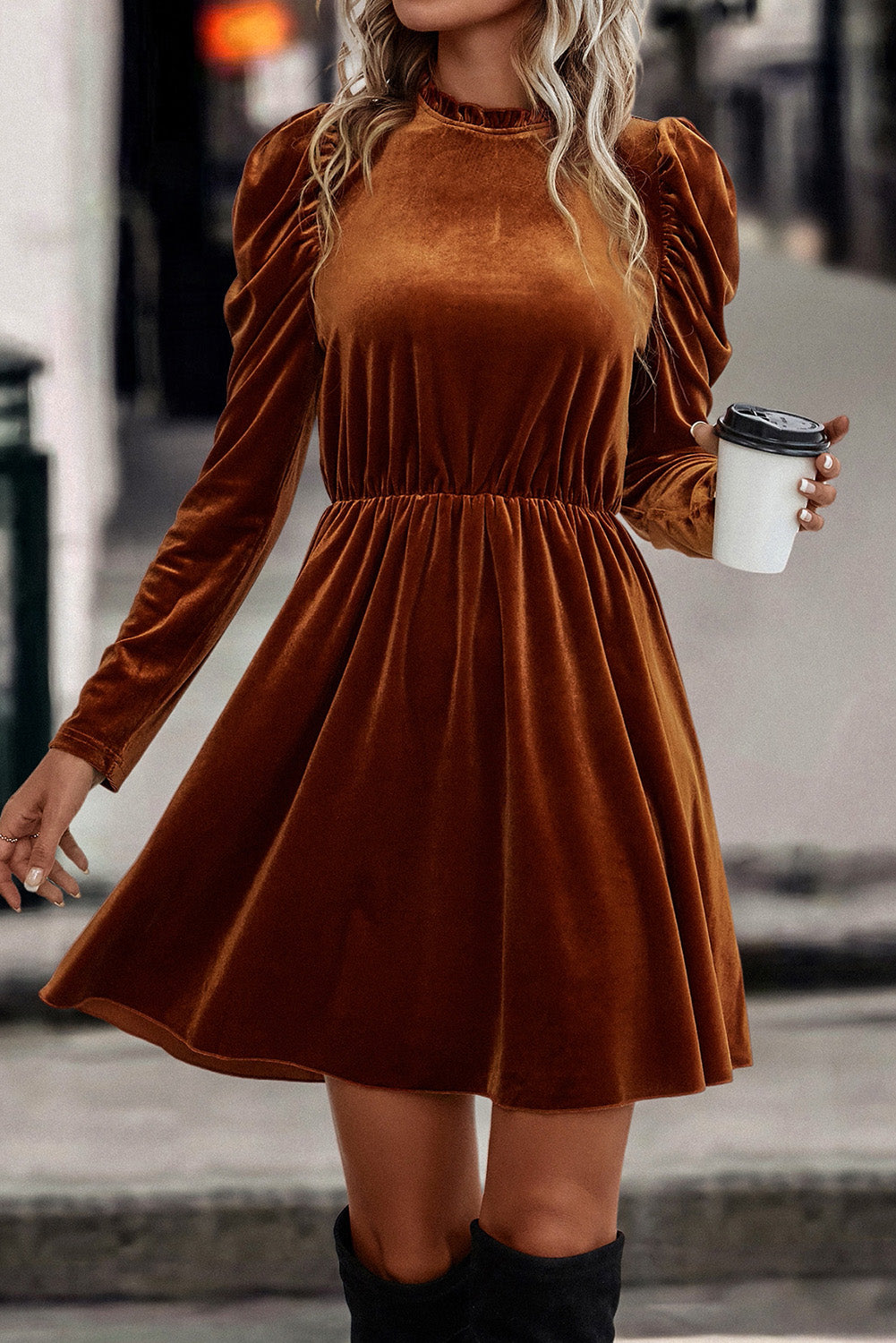 Chestnut Velvet Frilled Neck Gigot Sleeve Swing Dress - The Fair Lady Shop