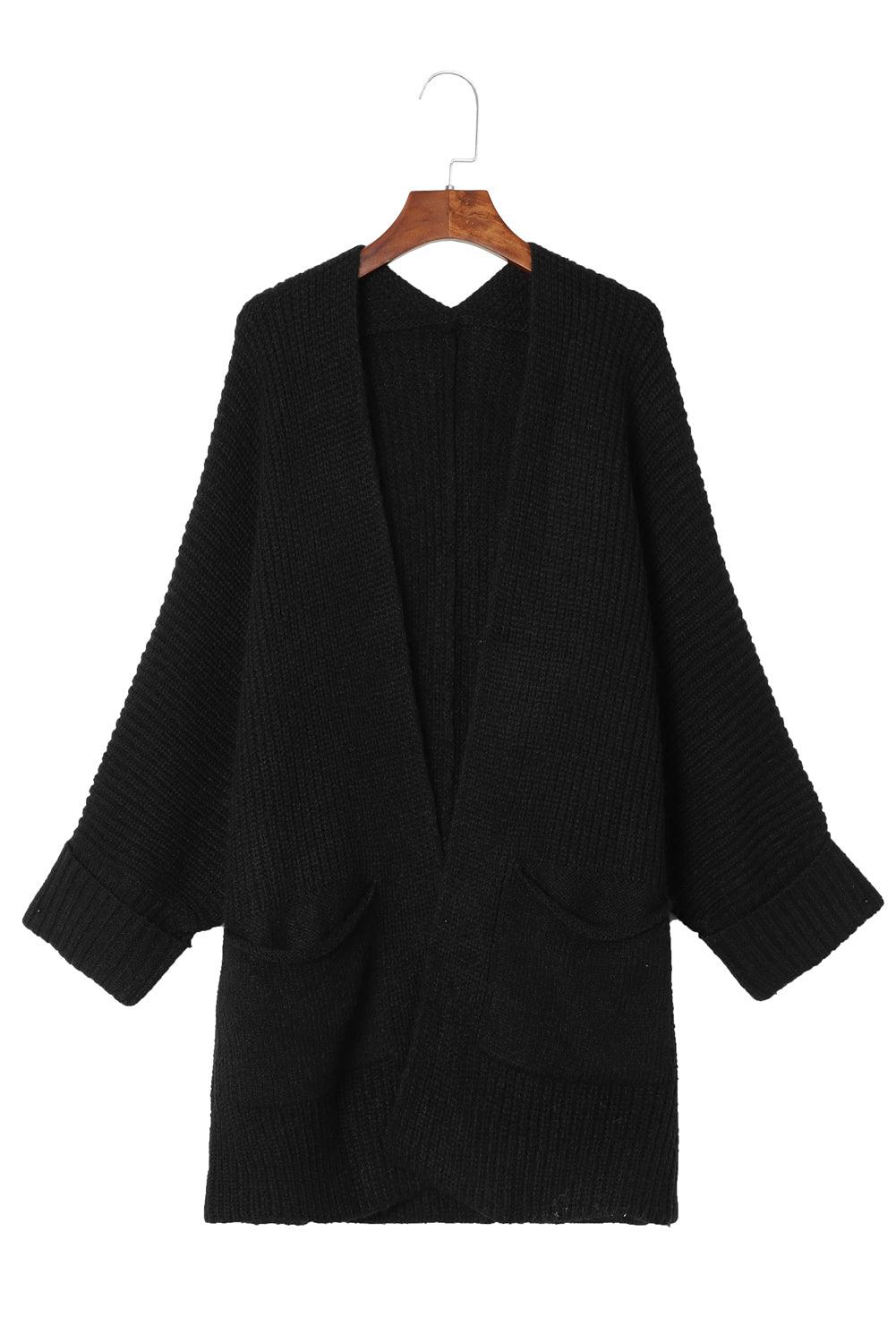 Black Batwing Sleeve Pocket Oversized Cable Knit Cardigan - The Fair Lady Shop