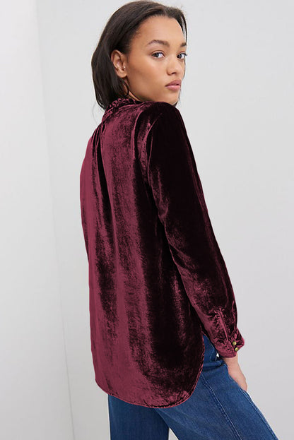 Red Frilled Buttoned V Neck Velvet Blouse - The Fair Lady Shop