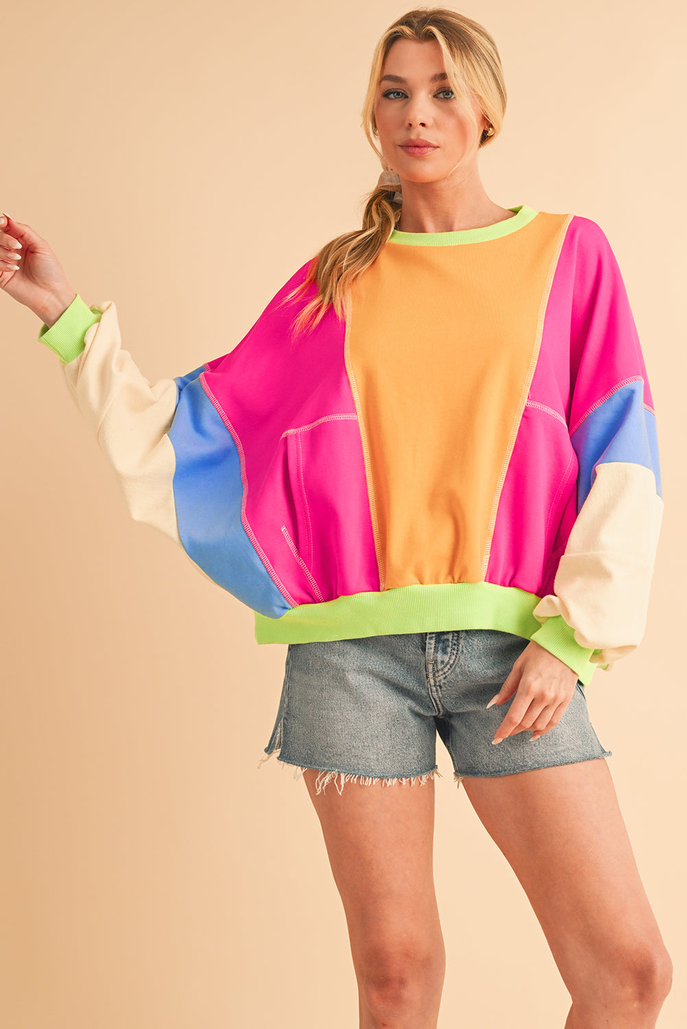 Grapefruit Orange Colorblock Patchwork Drop Shoulder Top - The Fair Lady Shop