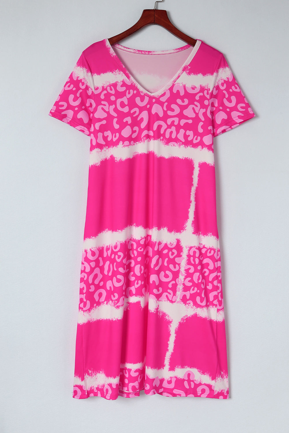 Grey Tie Dye Leopard Color Block V Neck T Shirt Dress - The Fair Lady Shop