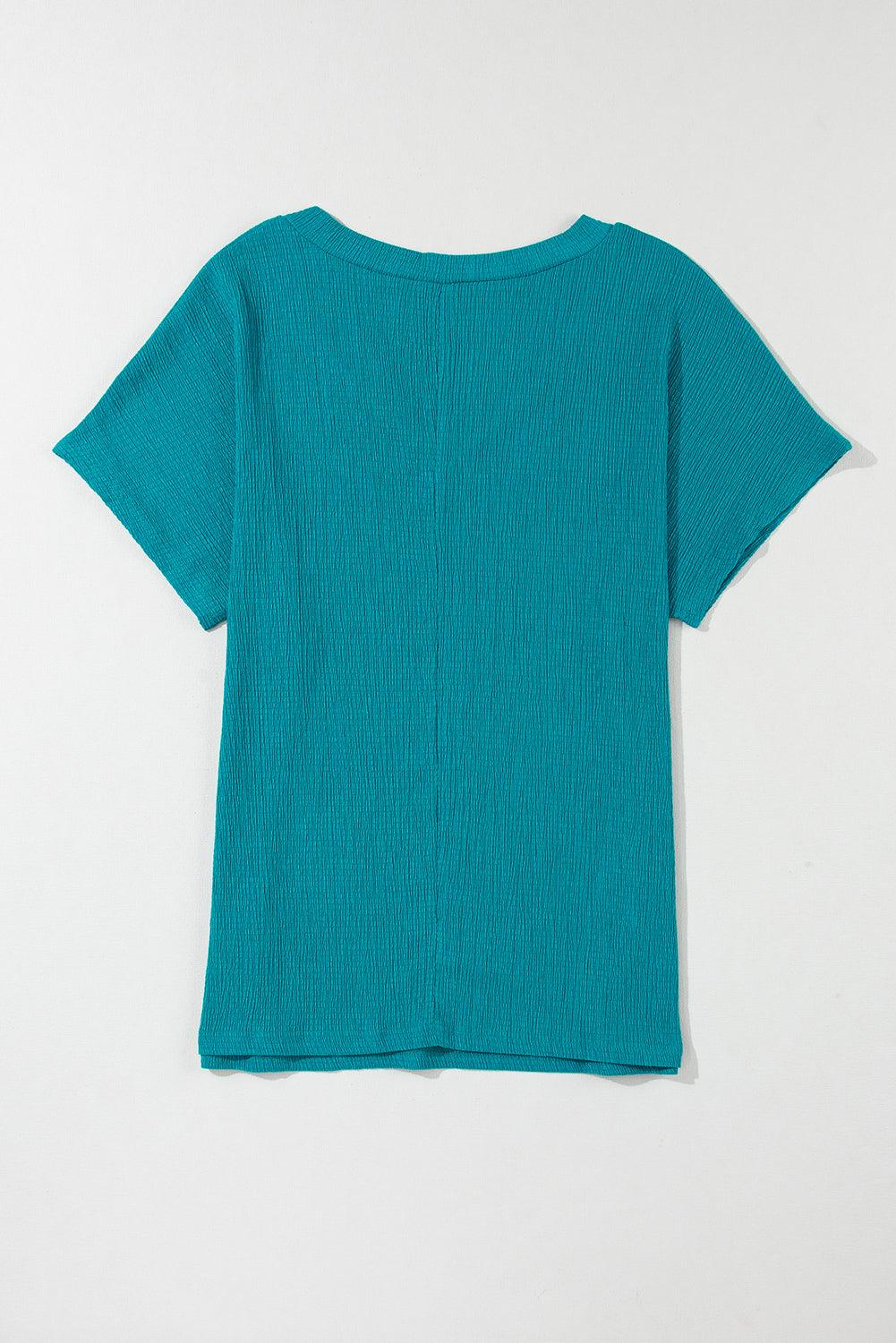 Blue Plain Crinkled V Neck Flounce Sleeve T Shirt - The Fair Lady Shop