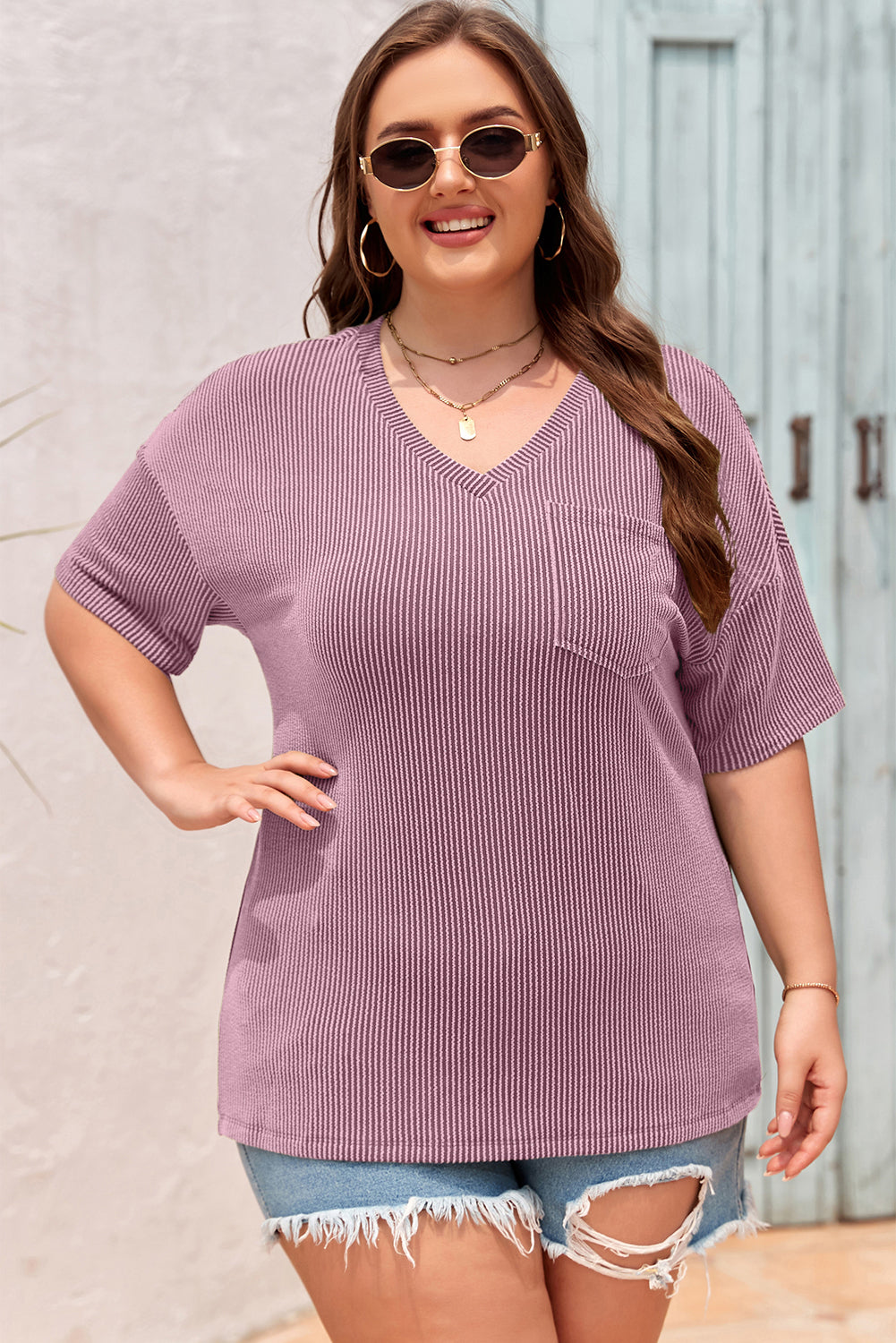Valerian Twist Corded V-Neck Plain Plus T-Shirt - The Fair Lady Shop