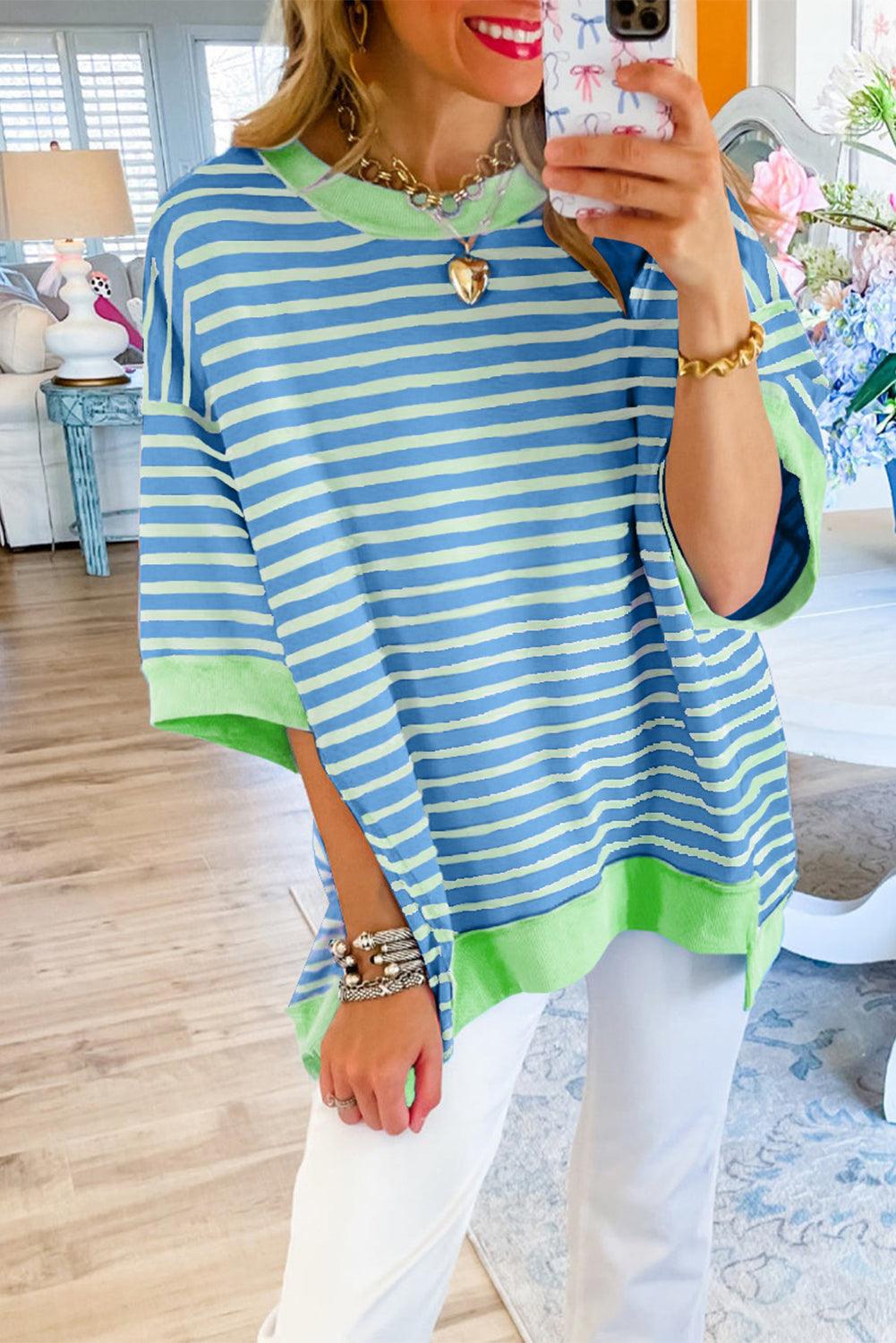 Pink Stripe Colorblock Drop Sleeve Oversized T Shirt - The Fair Lady Shop