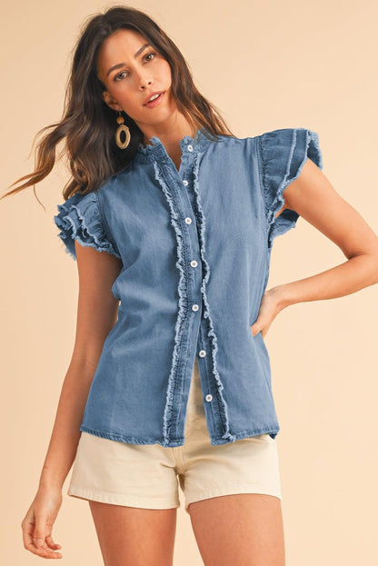 Ashleigh Blue Button Front Ruffled Flutter Frayed Denim Top - The Fair Lady Shop