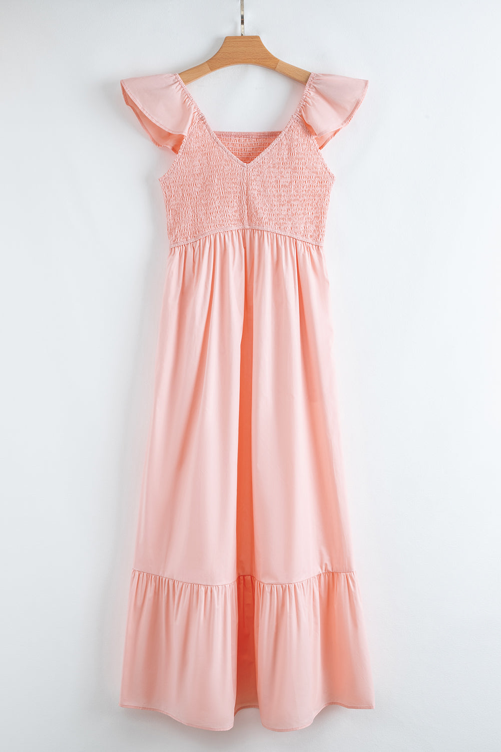 Apricot Pink V Neck Flutter Sleeve Smocked Bodice High Waist Ruffle Maxi Dress - The Fair Lady Shop