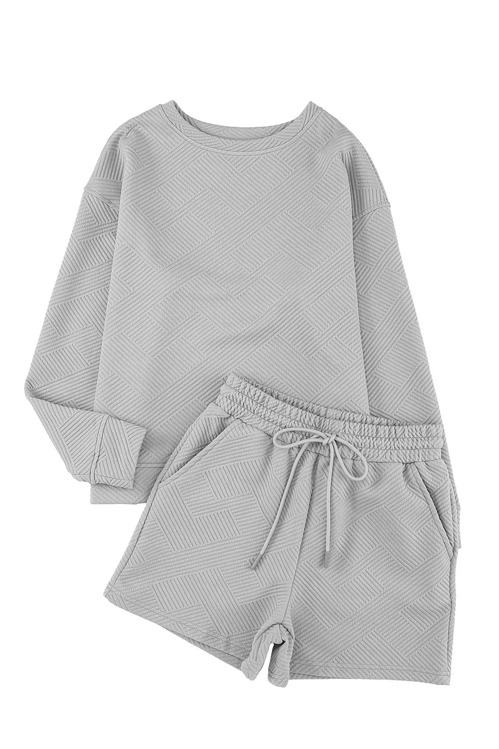 Gray Textured Long Sleeve Top & Drawstring Shorts Set - The Fair Lady Shop