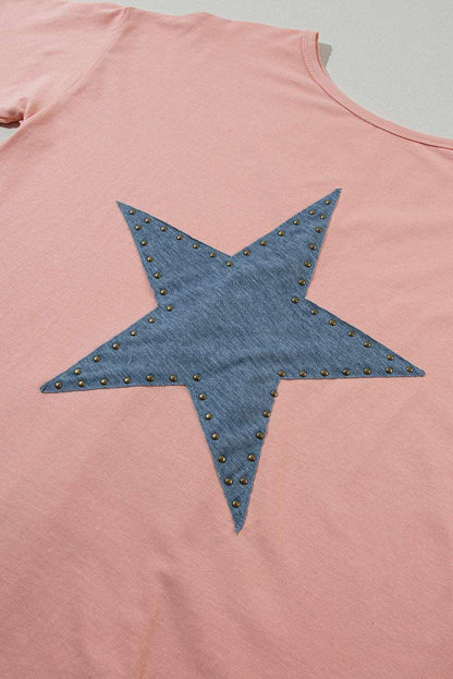 Apricot Pink Studded Star Patch Side Slits High Low Tee - The Fair Lady Shop