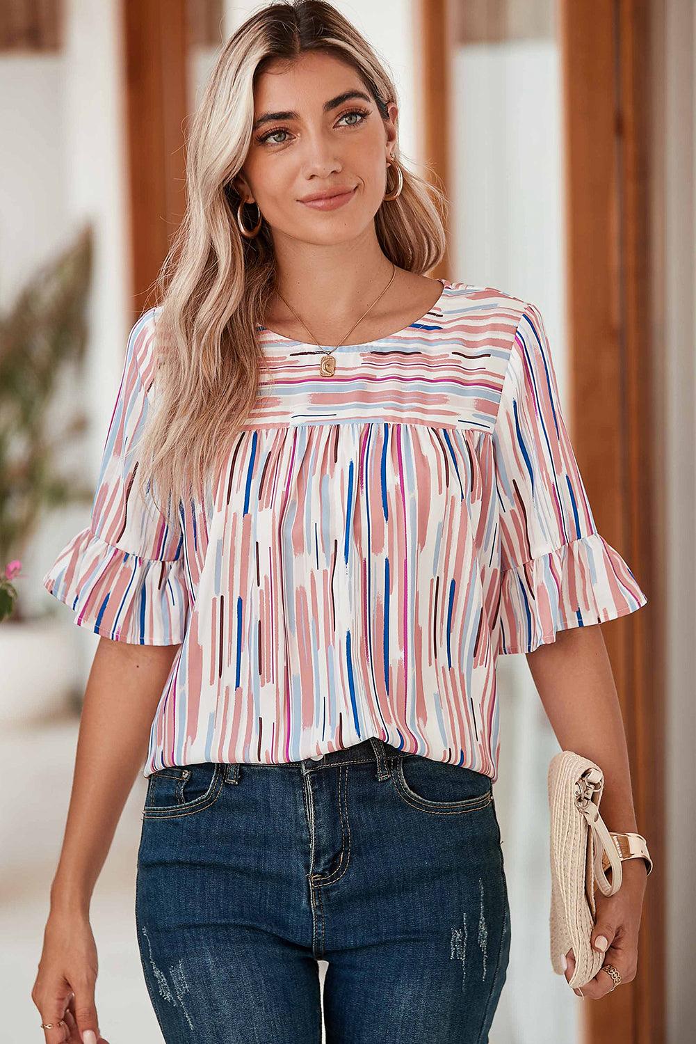 White Abstract Print Ruffle Half Sleeve Blouse - The Fair Lady Shop