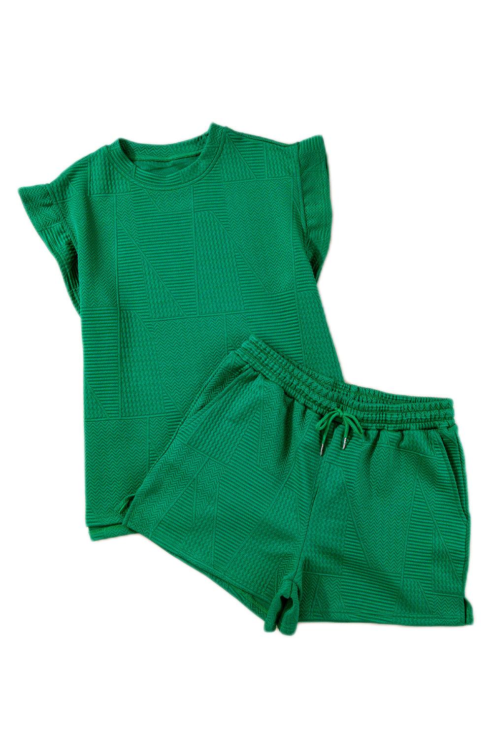 Dark Green Textured Ruffle Split Top and Drawstring Shorts Set - The Fair Lady Shop